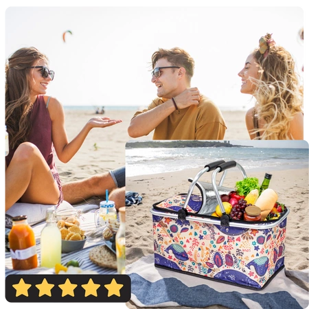 Kosz termiczny na zakupy piknikowy duży 30 litrów fioletowe kwiaty