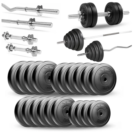 Zestaw do ćwiczeń 110kg ze sztangą 180 cm, gryfem 120 cm łamanym, nakładem obciążeń i hantlami metalowymi