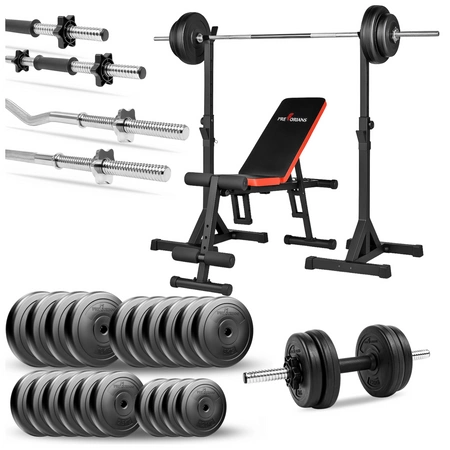 Zestaw do ćwiczeń 127kg z ławką treningową PH102 sztangą / gryfem prostym 180 cm, gryfem lekko łamanym 120cm, obciążeniem 90 kg i hantlami