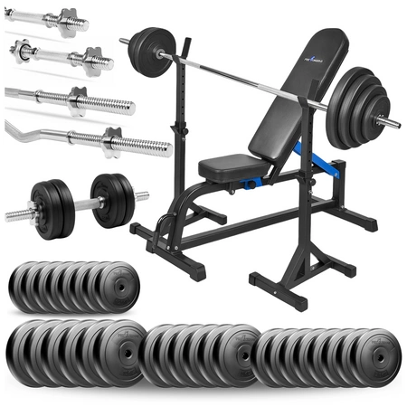 Zestaw do ćwiczeń siłowych 174kg. Siłownia domowa z ławką treningową TB1001, stojakami wolnostojącymi, sztangą / gryfem prostym 180 cm, lekko łamanym 120 cm, obciążeniem 120 kg i hantlami