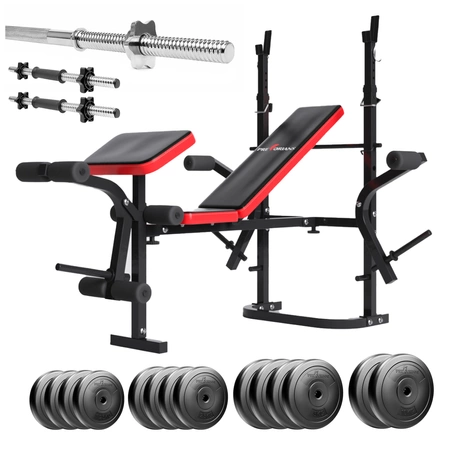 Zestaw do ćwiczeń 90kg z ławką PH 2132 sztangą prostą 180 cm, zestawem talerzy 55 kg i hantlami