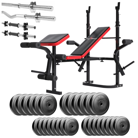 Zestaw do ćwiczeń 156kg z ławeczką treningową PH 2132 sztangą prostą 180 cm, gryfem 120 cm łamanym, zestawem obciążeń 120 kg i hantlami