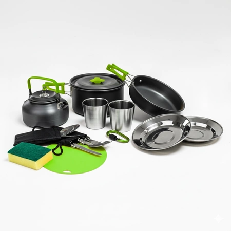 Zestaw garnków naczyń turystycznych pod namiot zielony