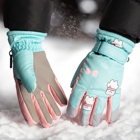 Rękawice narciarskie zimowe rękawiczki dla dzieci ocieplane wodoodporne miętowe dla dziewczynki