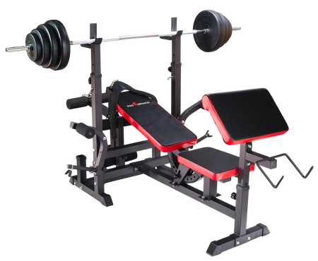 Zestaw do ćwiczeń 135kg z ławką treningową PH20C - ławka, sztanga, obciążenie, hantle