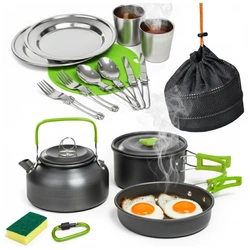 Zestaw garnków naczyń turystycznych pod namiot zielony