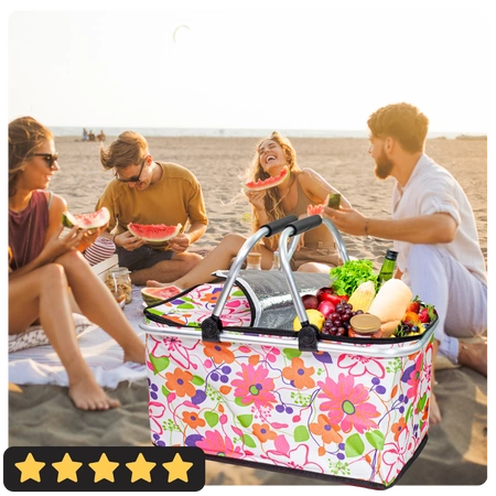 Kosz termiczny na zakupy piknikowy duży 30 litrów różowe kwiaty