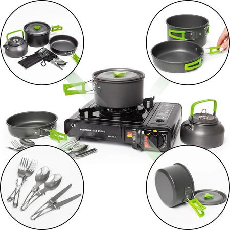 Zestaw garnków naczyń turystycznych na kemping ZG4-02 zielony