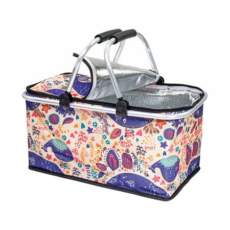 Kosz termiczny na zakupy piknikowy duży 30 litrów fioletowe kwiaty