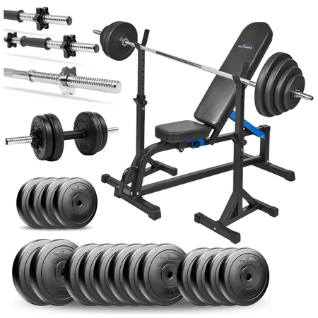 Zestaw do ćwiczeń 110kg z ławką treningową TB1001, stojakami wolnostojącymi, sztangą / gryfem prostym 180 cm, obciążeniem 65 kg i hantlami