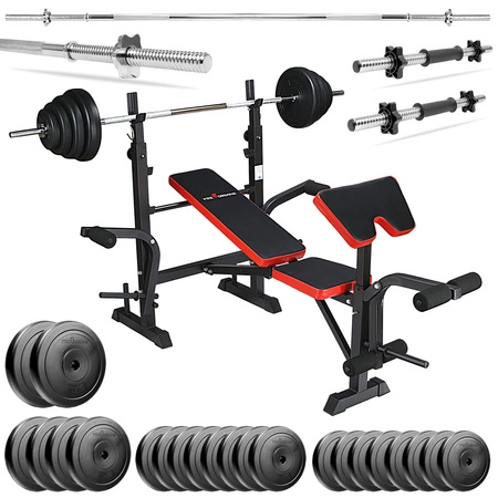 Zestaw do ćwiczeń 105kg z ławką treningową PH 2131 - ławka, sztanga / gryf, hantle, obciążenie