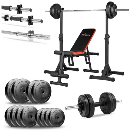 Zestaw do ćwiczeń 77kg z ławką treningową PH102 sztangą / gryfem prostym 180 cm, obciążeniem 45 kg i hantlami