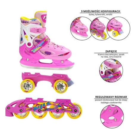 ROLKI ŁYŻWY HOKEJOWE WROTKI 3w1 NILS EXTREME NH1105 A ŁYŻWOROLKI regulowane 31-34 różowe S