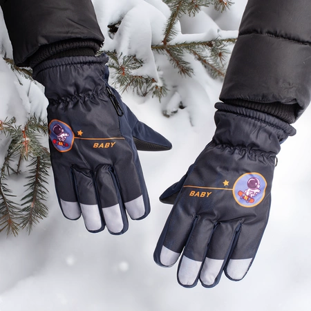 Rękawiczki pięciopalczaste ortalionowe ciepłe grube dziecięce rękawice narciarskie granatowe