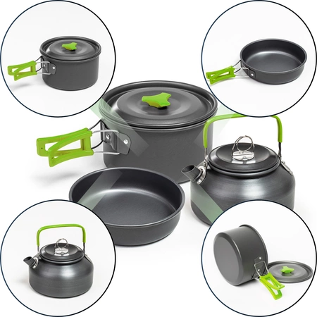 Zestaw garnków kempingowych pod namiot survival zielony
