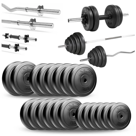 Zestaw do ćwiczeń 86kg ze sztangą 180 cm, gryfem 120 cm łamanym, nakładem obciążeń i hantlami