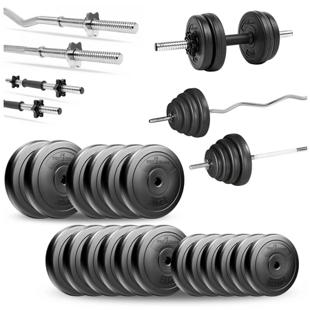 Zestaw do ćwiczeń 80kg ze sztangą 180 cm, gryfem 120 cm łamanym, nakładem obciążeń i hantlami