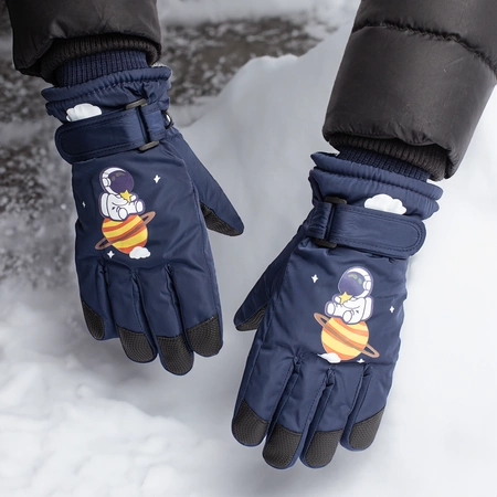 Rękawice ciepłe narciarskie dla dzieci grube zimowe rękawiczki kosmos granatowe