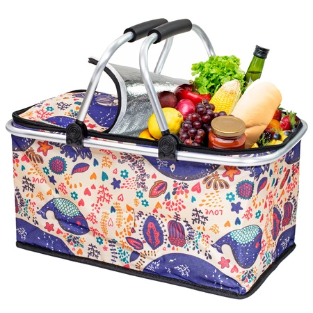 Kosz termiczny na zakupy piknikowy duży 30 litrów fioletowe kwiaty