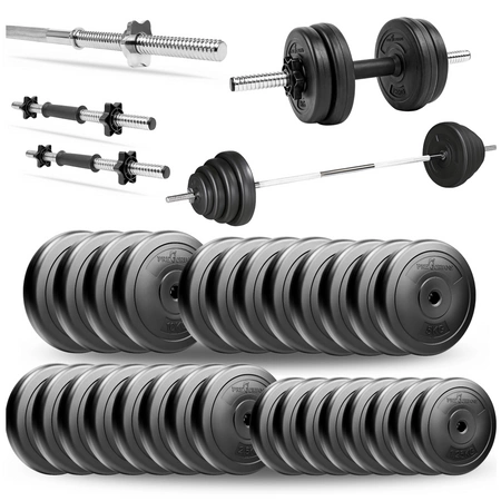 Zestaw do ćwiczeń 118kg - ze sztangą / gryfem prostym 180 cm, nakładem obciążeń i hantlami