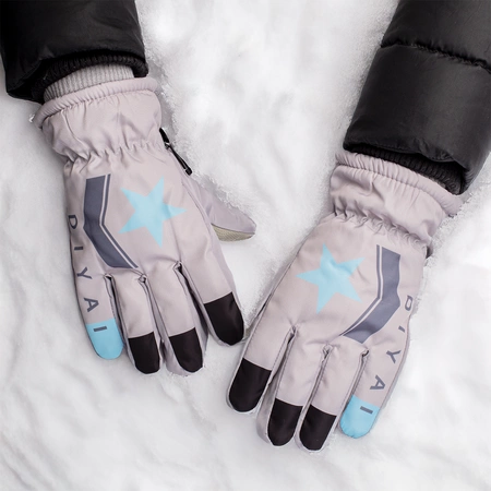 Rękawiczki pięciopalczaste ortalionowe ciepłe grube dla chłopca rękawice narciarskie szare