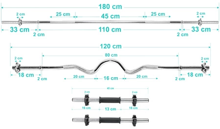Zestaw do ćwiczeń 111kg z ławką PH 2132 sztangą 180 cm, gryfem 120 cm łamanym, obciążeniem 75 kg i hantlami