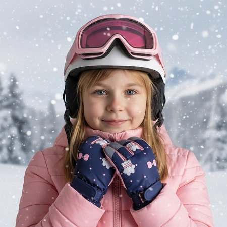 Rękawice narciarskie zimowe rękawiczki dla dzieci ocieplane wodoodporne granatowe dla dziewczynki