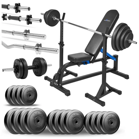 Zestaw do ćwiczeń siłowych 125kg. Siłownia domowa z ławką treningową TB1001, stojakami wolnostojącymi, sztangą / gryfem prostym 180 cm, lekko łamanym 120 cm, obciążeniem 75 kg i hantlami