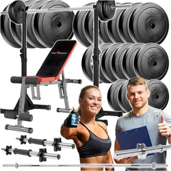 Zestaw do ćwiczeń 122kg z ławką treningową TB102 sztangą / gryfem prostym 180 cm, obciążeniem 90 kg i hantlami