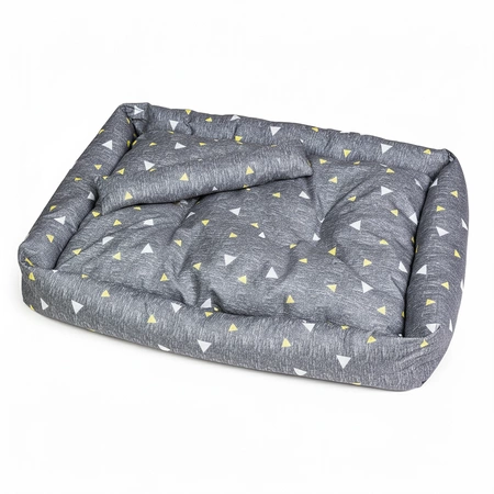 Szare legowisko dla psa z poduszką w geometryczny wzór trójkątów