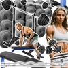 Zestaw do ćwiczeń siłowych 118kg. Siłownia domowa z ławką treningową TB015, stojakami wolnostojącymi, sztangą / gryfem prostym 150 cm, gryfem lekko łamanym 120cm, gryfami do hantli oraz obciążeniem 78 kg