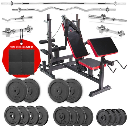 Zestaw do ćwiczeń 152kg z ławką treningową PH20C - ławka, gryfy, obciążenia żeliwne, hantle