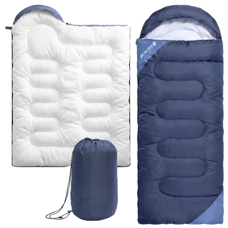 Ciepły śpiwór turystyczny granatowy z kapturem i pokrowcem