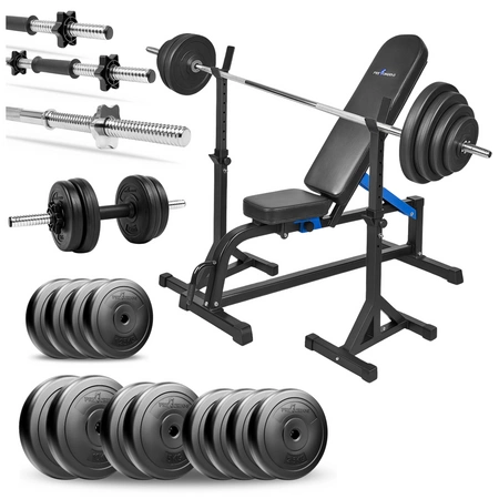 Zestaw do ćwiczeń 90kg z ławką treningową TB1001, stojakami wolnostojącymi, sztangą / gryfem prostym 180 cm, obciążeniem 45 kg i hantlami