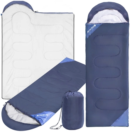 Ciepły śpiwór turystyczny granatowy z kapturem i pokrowcem