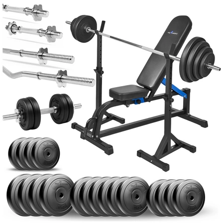 Zestaw do ćwiczeń siłowych 139kg. Siłownia domowa z ławką treningową TB1001, stojakami wolnostojącymi, sztangą / gryfem prostym 180 cm, lekko łamanym 120 cm, obciążeniem 85 kg i hantlami