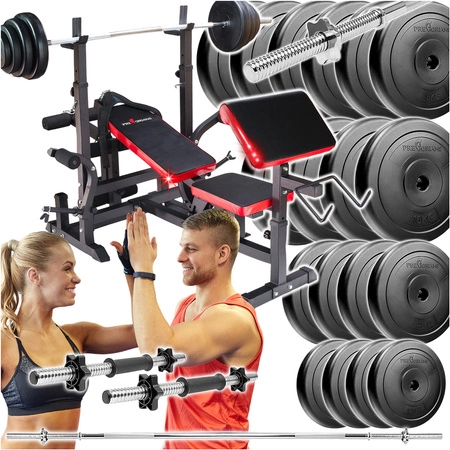 Zestaw do ćwiczeń 135kg z ławką treningową PH20C - ławka, sztanga, obciążenie, hantle