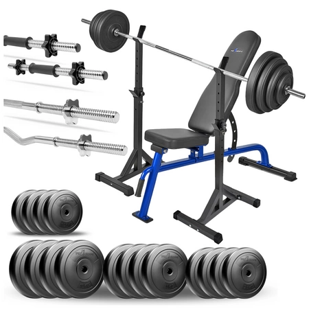 Zestaw do ćwiczeń siłowych 124kg. Siłownia domowa z ławką treningową TB1054, stojakami, sztangą / gryfem prostym 180 cm, lekko łamanym 120 cm, obciążeniem 75kg i hantlami