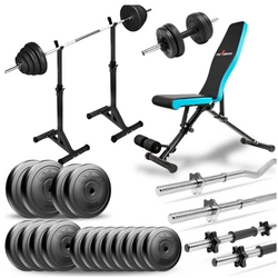 Zestaw do ćwiczeń 88kg z ławką treningową TB891, stojakami, sztangą / gryfem prostym 180cm, gryfem lekko łamanym 120cm, obciążeniem 50kg i hantlami