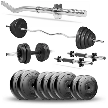 Zestaw do ćwiczeń 29kg - z gryfem łamanym 120 cm, nakładem obciążeń i hantlami