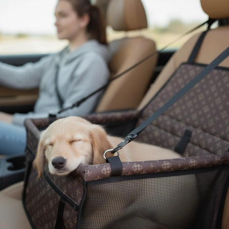 Transporter dla psa do auta - brązowy fotelik podróżny