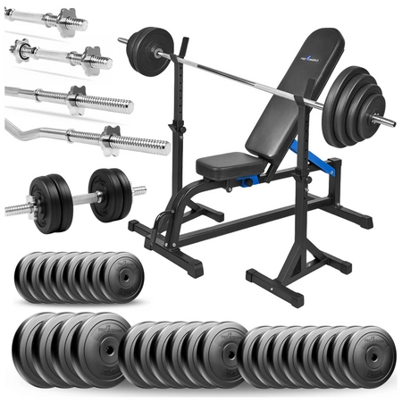 Zestaw do ćwiczeń siłowych 154kg. Siłownia domowa z ławką treningową TB1001, stojakami wolnostojącymi, sztangą / gryfem prostym 180 cm, lekko łamanym 120 cm, obciążeniem 100 kg i hantlami