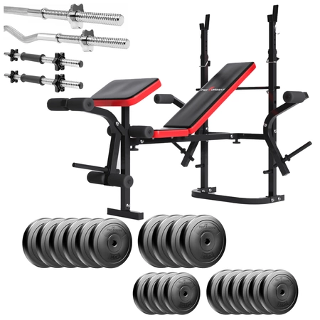 Zestaw do ćwiczeń 126kg z ławką treningową PH 2132 sztangą prostą 180 cm, gryfem 120 cm łamanym, nakładem obciążeń 90 kg i hantlami