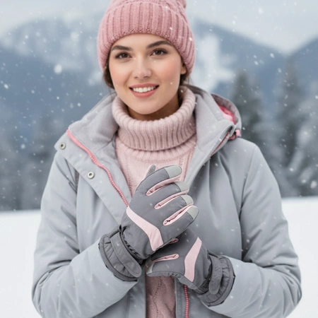 Rękawiczki narciarskie zimowe na snowboard narty M/L szaro-różowy