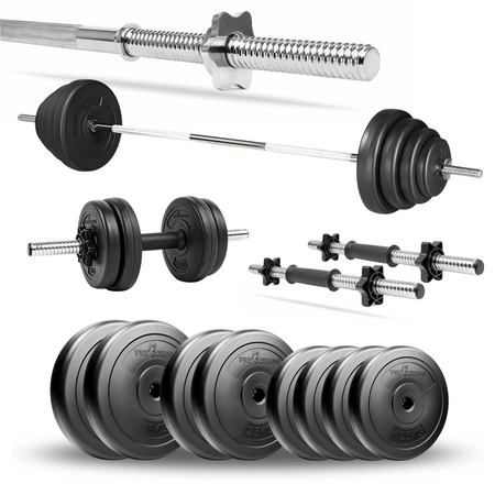 Zestaw do ćwiczeń 29kg - ze sztangą / gryfem prostym 180 cm, nakładem obciążeń i hantlami
