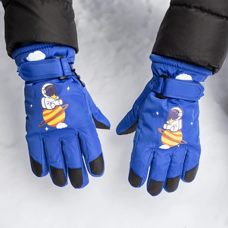 Rękawice ciepłe narciarskie dla dzieci grube zimowe rękawiczki kosmos niebieskie