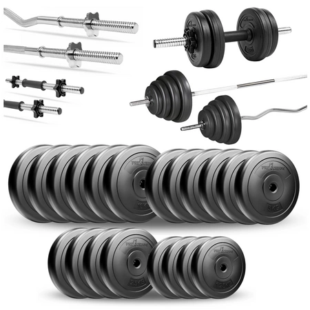 Zestaw do ćwiczeń 120kg ze sztangą 180 cm, gryfem 120 cm łamanym, nakładem obciążeń i hantlami