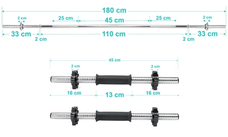 Zestaw do ćwiczeń 87kg z ławką treningową TB891, stojakami, sztangą / gryfem prostym 180cm, obciążeniem 55kg i hantlami