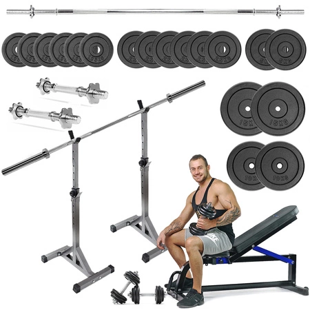 Zestaw do ćwiczeń 131kg z ławką treningową TB1001, stojakami, sztangą / gryfem prostym 168 cm, obciążeniem żeliwnym i hantlami