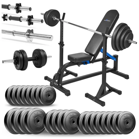 Zestaw do ćwiczeń 135kg z ławką treningową TB1001, stojakami wolnostojącymi, sztangą / gryfem prostym 180 cm, obciążeniem 90 kg i hantlami